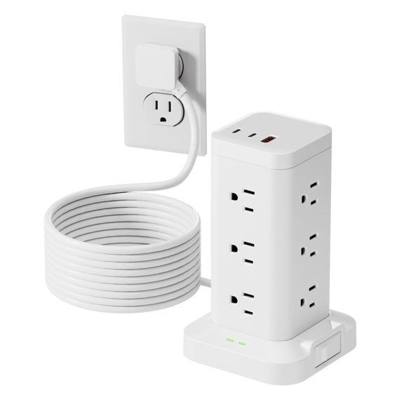 Power Strip Tower with Surge Protector 1800J, Fast Charging PD20W USB-C Ports with 12 AC Outlet Extenders, 10ft Extension Cord for Home Office Dorm Room Essentials, White