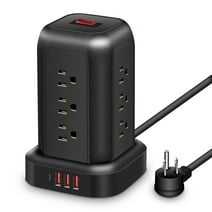 Power Strip Tower Surge Protector 5.1 ft Extension Cord with 12 Outlets 4 USB Ports Charging Station, Black Smart Power Strips with Multiple Plugs in One Outlet for Gaming Room Office Home Travel