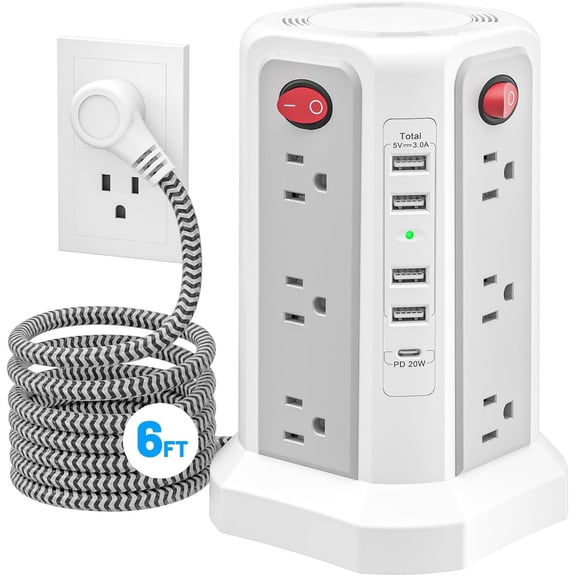 Power Strip Tower Surge Protector with PD20W USB C, 6FT Desktop Extension Cord Station with 12 AC Multiple Outlets 5 USB Ports, Charger Tower Multiple Protections for Office Supplies