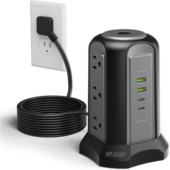 Power Strip Tower Surge Protector, SUPERDANNY Desktop Charging Station, 10 Ft Extension Cord, 9 Outlets, 4 USB Ports, 1080 Joules, 3-Prong, Grounded, Multiple Protections for Home, Office, Black