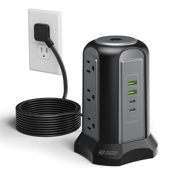 Power Strip Tower Surge Protector, SUPERDANNY Desktop Charging Station, 10 Ft Extension Cord, 9 Outlets, 4 USB Ports, 1080 Joules, 3-Prong, Grounded, Multiple Protections for Home, Office, Black