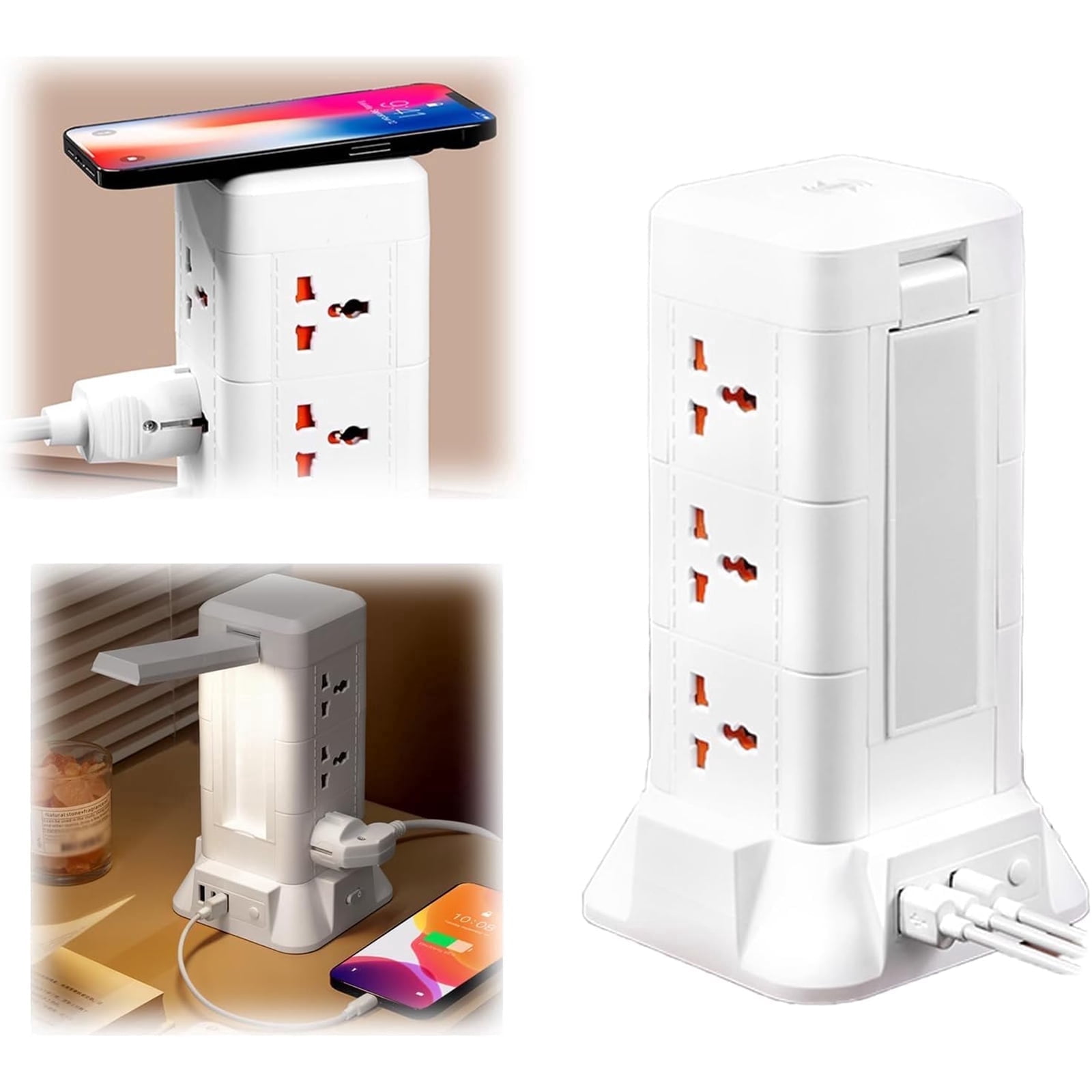 Samovi Power Strip Tower with Night Light & Wireless Charger, 9 AC Outlets, 2 USB + 1 Type-C Port, 6.6ft Extension Cord for Home Office Dorm Room, White
