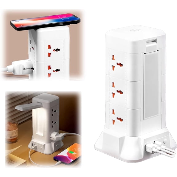 Samovi Power Strip Tower with Night Light & Wireless Charger, 9 AC Outlets, 2 USB + 1 Type-C Port, 6.6ft Extension Cord for Home Office Dorm Room, White