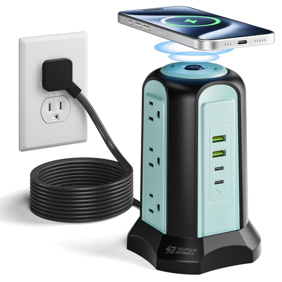 Power Strip Tower Wireless Charger, SUPERDANNY Surge Protector Tower, 10A 1080J Charger Station with 9 Outlets & 4 USB Ports, Extension Cord 10ft for Laptop Phone Black and Blue