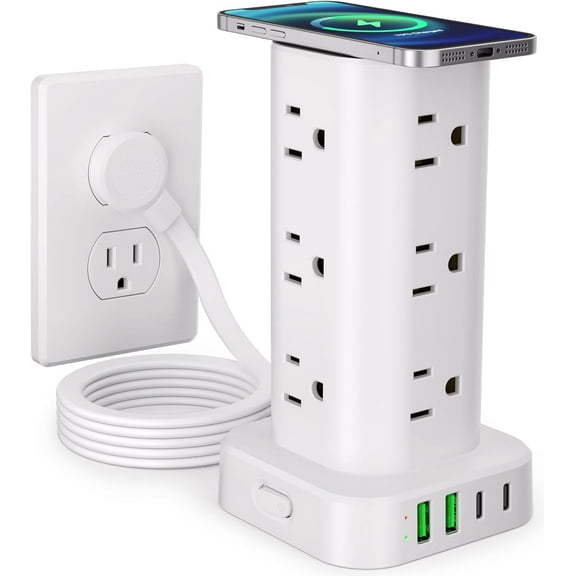 Power Strip Tower with Wireless Charr, Flat Plug Sur Protector Tower with 6FT Extension Cord, 12 AC Multiple Outlets, 4 USB (2 USB C),15W Wireless Charging Power Tower for Home Office Dorm, White