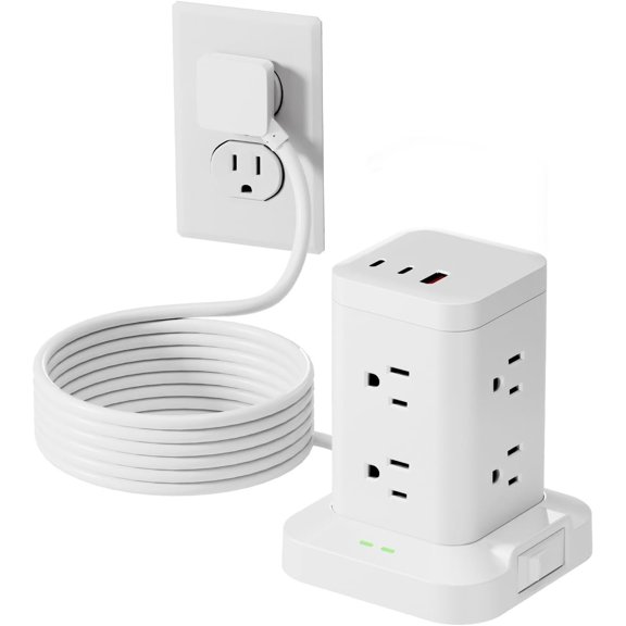 Power Strip Tower with Surge Protector 1800J, Tower PD20W USB-C Ports with 8 AC Outlets, 6ft Extension Cord for Office Dorm Room, White