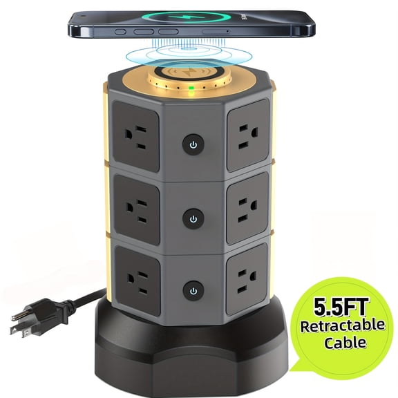 Power Strip Tower with Wireless Charger, 12 Outlets, 6 USB Ports, 5.5 ft Retractable Cord