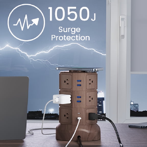 Power Strip Tower with Wireless Charger, 12 Outlets, 6 USB Ports, 5.5 ft Retractable Cord