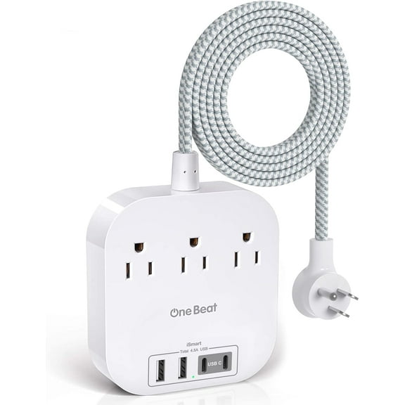 Power Strip with USB C, 3 Outlets 4 USB Ports (22.5W/4.5A) Desktop Charging Station, Flat Plug, 5ft Braided Extension Cord, Non Sur Protector for Travel, Cruise Ship, ETL Listed