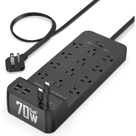 Power Strip with USB Ports | 18-in-1 2100J Surge Protector | 70W Retractable USB C Cables,12 AC Outlets,2 USB C & 2 USB A Ports | 5ft Extension Cord with Flat Plug | Surge Protector with USB Ports