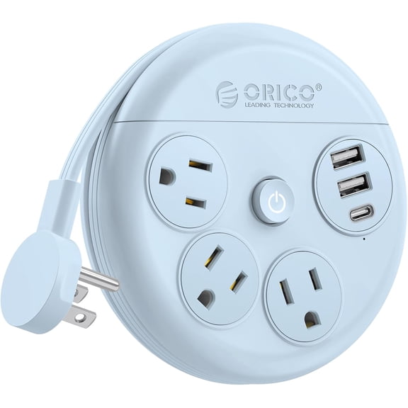 Power Strip with USB Ports, 4Ft Wrapped Extension Cord with Multiple Outlets, 3 Outlets & 3 USB Ports (1 USB C), Flat Plug Power Strip for Cruise/Home/Office/Dorm Essentials, Blue