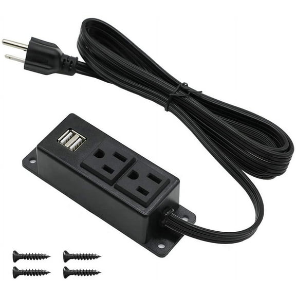 Power Strip with USB Ports, Wall Mounted Power Strip Flat Plug, 2AC Outlet 2 USB, 6.56 Feet Extension Cord for Desktop Desk Conference Table Cabinet Workbench