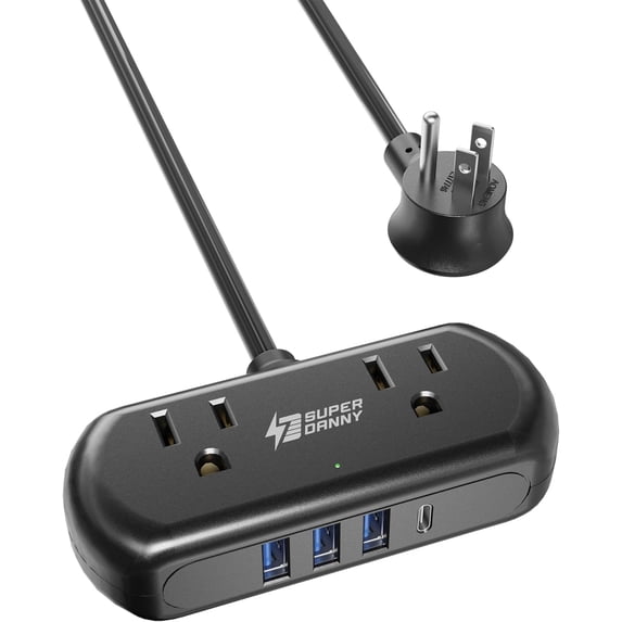 Power Strip with USB, SUPERDANNY Mini Surge Protector with 2 Wide-Spaced Outlets, 3 USB-A 1 USB-C, 5 Ft Extension Cord, Flat Plug, Compact Size Desktop Charging Station Travel, Home, Office, Black