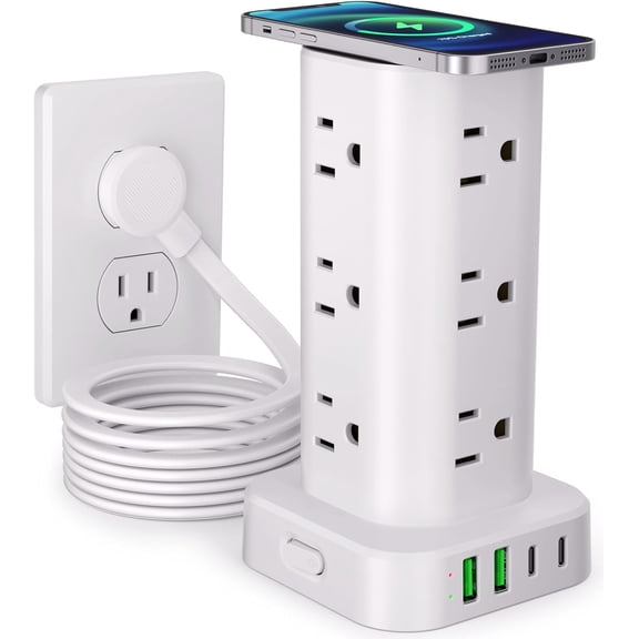 Power Strip with Wireless Charger, Flat Plug Surge Protector with 10FT Extension Cord, 12 AC Multiple Outlets, 4 USB (2 USB C), 15W Wireless Charging Power Tower for Home Office Dorm, White