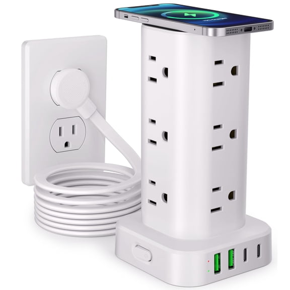 Power Strip with Wireless Charger, Flat Plug Surge Protector with 10FT Extension Cord, 12 AC Multiple Outlets, 4 USB (2 USB C), 15W Wireless Charging Power Tower for Home Office Dorm, White