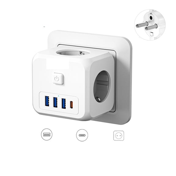 Power Strip With 3 AC Outlets +3 USB Charging Ports+ 1 Type C 5V 2.4A Adapter 7-in-1 Socket On/Off Switch