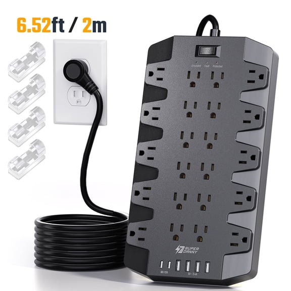 Power Strip with 22 Outlet and 4 usb-A 2 usb-C ports with Cable Manager, 6.5 Ft Long Cord,Black