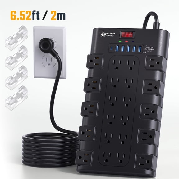 Power Strip with 22 Outlet and 6 usb ports with Cable Manager, 6.5 Ft Long Cord,Black