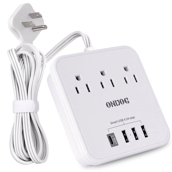 Power Strip with 3 AC Outlets & 4 USB Ports (1 USB-C), No Surge Protection 6 Ft Extension Cord, Suitable for Office, Home and Cruise, White