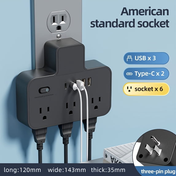 Power Strip with 6 Outlets, 3 USB-A, 2 USB-C Ports, Flat Plug, On/Off ...