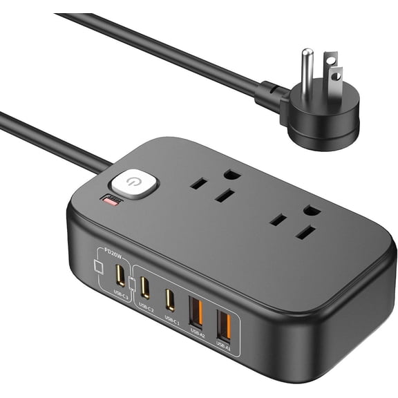 Power Strip with C Ports, 30W C Station with 2 Outlets 3 C & 2 A, Travel for Multiple Devices, 5FT Flat Extension Cord Hub for Travel