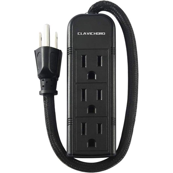 Power Strip with Flat Plug - 3 Ground Sockets 7 Inch Heavy Duty Braided Extension Cord Mountable Socket for Computer/Home/Office