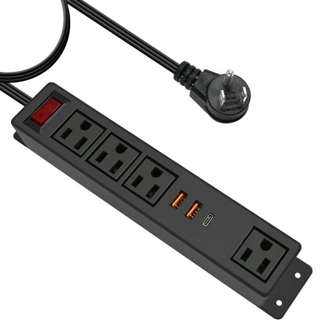 Power Strip with USB C, Fast Charge Wall Mount Extension Cord Flat Plug in 4 Outlets for Desktop