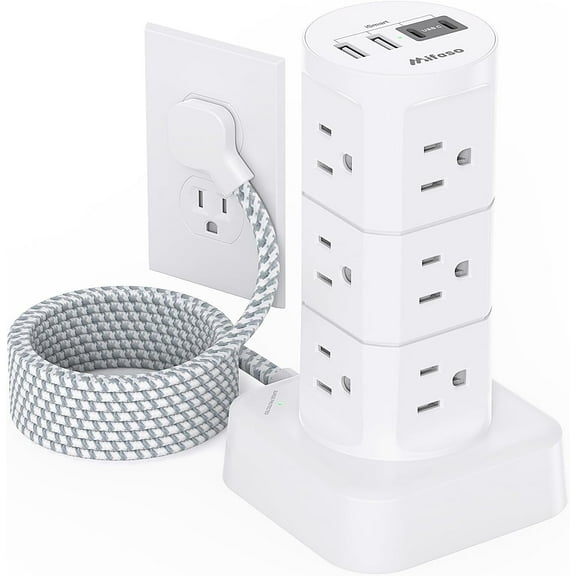 Power Strips with Surge Protection, Flat Plug Power Strip with 12 Outlets 4 Ports, Station Tower 1875W/15A 1080J 6Ft Extension Cord with Multiple Outlets, Office Supplies, Dorm Essentials