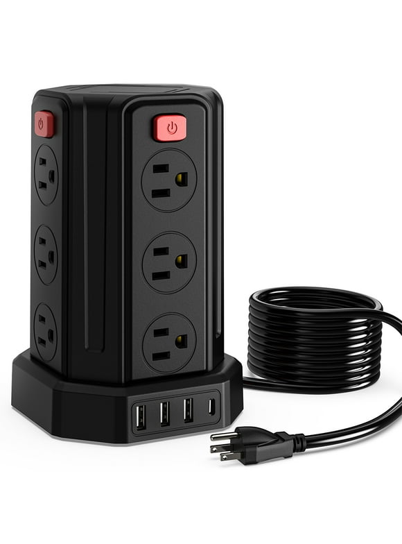 Power Strips Tower 12 Outlets Surge Protector with 4 USB Port and 10ft Extension Cord, Black