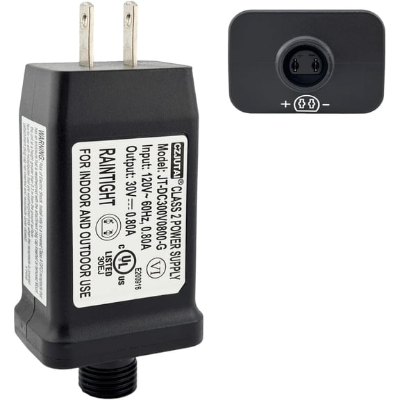 Power Supply JT-DC300V0800-G Class 2 LED Transformer 30V 0.8A 24W Raintight IP44 US Plug Connector 5/8in 15 mm Adapter Replacement for LED String Light Holiday Lighting Christmas X-Mas Tree