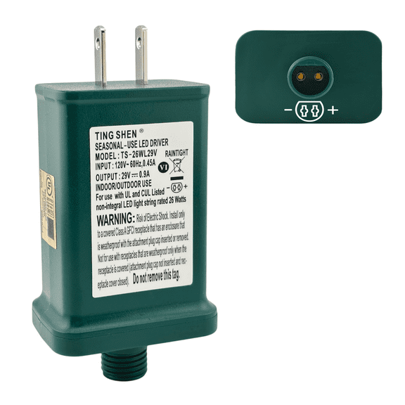 Power Supply TS-26WL29V Class 2 LED Transformer 29V 0.9A 26W LED Raintight IP44 US Plug Adapter, Seasonal-Use LED Driver for LED String Light, Holiday Lighting, Christmas X-Mas Tree - Right Positive