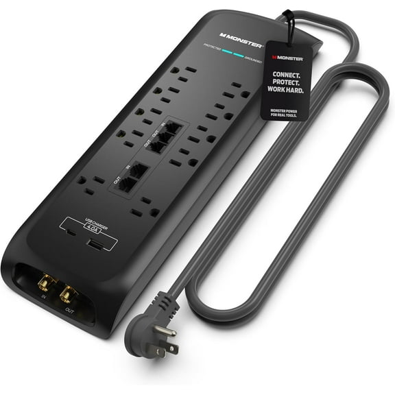 Power Sur Protector w/ 4050 Joule Rating  Heavy Duty 6 FT Sur Protector Power Strip w/ 10 Outlets, 2 USB, 2 Coax, 2 Ethernet Ports  Fireproof MOV, Dual Mode, Clean Tech (Black)