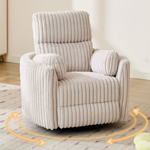 Power Swivel Glider Recliner Chair with 2 Pillows,USB & Type-C Ports,Plush Corduroy Upholstery Rocking Nursery Reclining Chair for Living Room Faux Fur Ivory