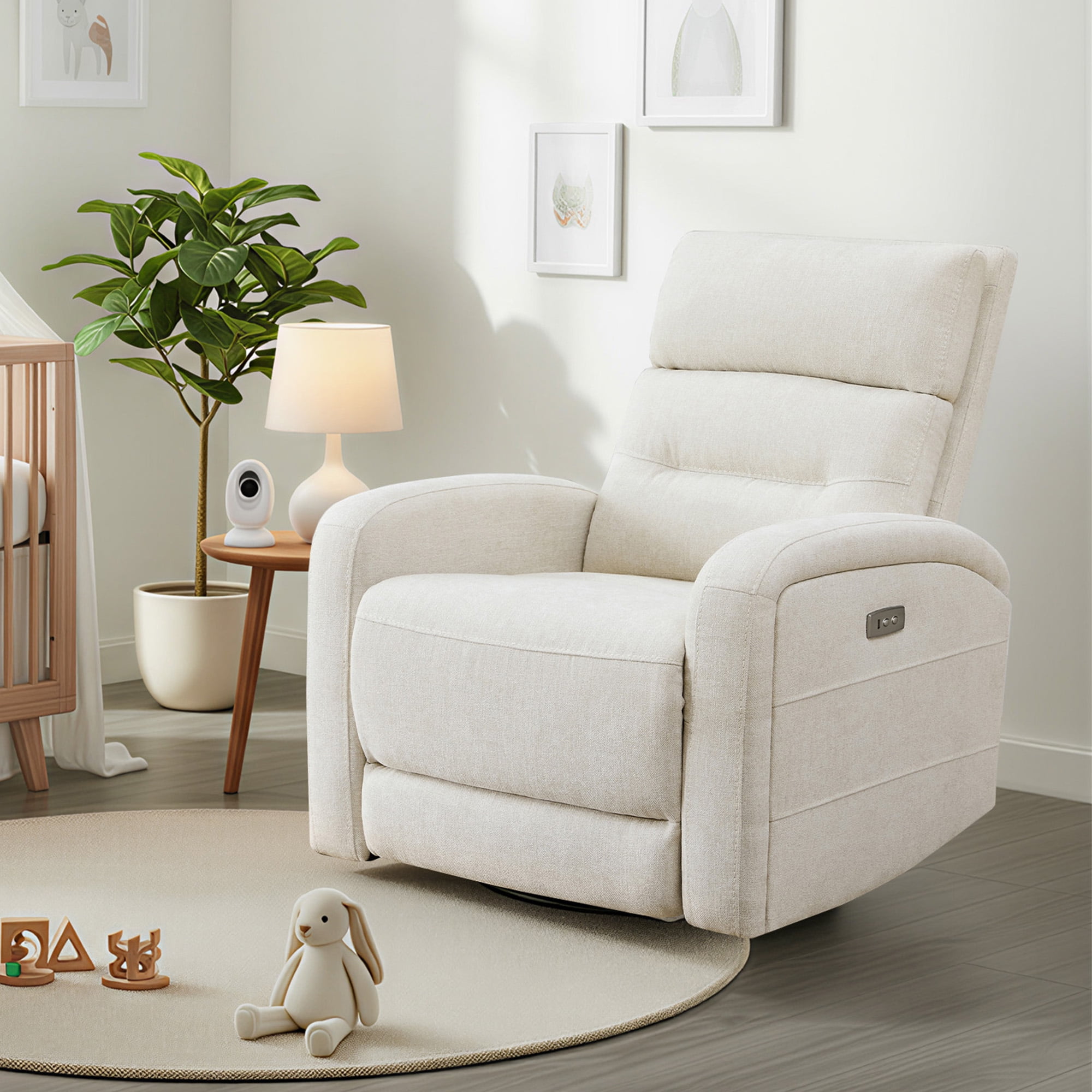 Spruce & SpringPower Swivel Glider Recliner with USB Charging for Home Theater, Linen-Power Headrest