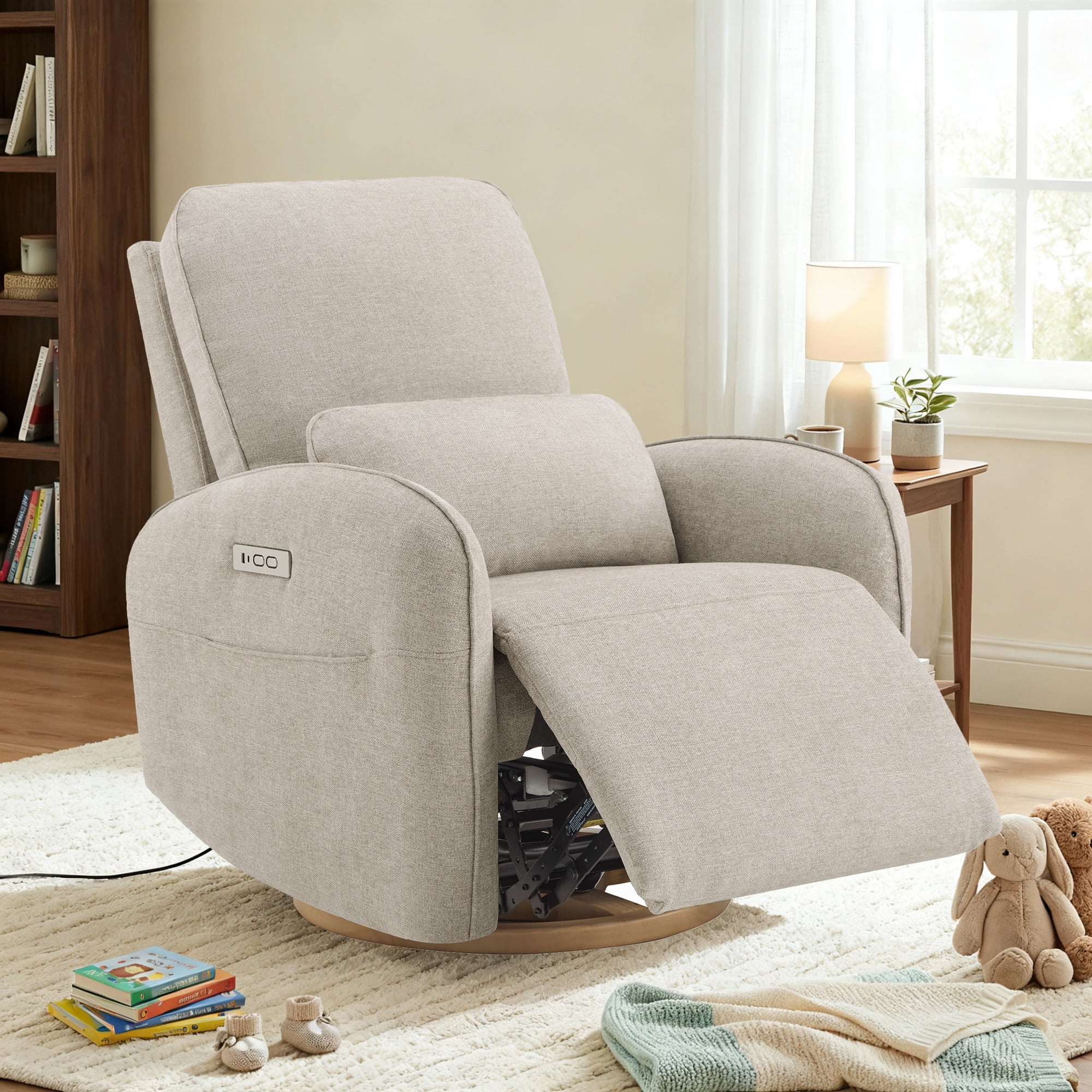 Spruce & Spring Power Swivel Nursery Glider Recliners with Lumbar Pillow and Charging Port, Khaki