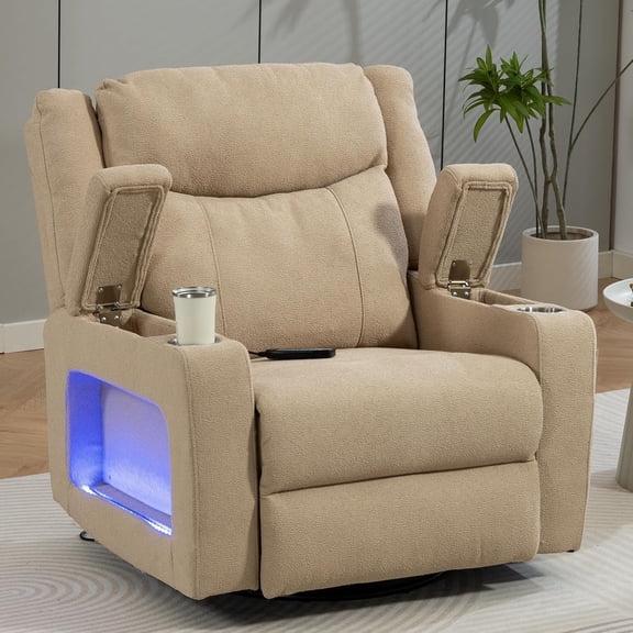 Power Swivel Rocker Recliner with Adjustable Headrest, Glider Recliner Nursery Chair with Massage and Heat, USB A&C Ports, Armrest Storage, Ambient Light