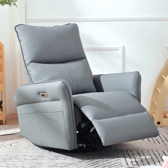 Power Swivel Rocker Recliner Chair, 270° Swivel Electric Recliner with Push Button, Small Space Recliner for Living Room, Bedroom, Blue and Grey