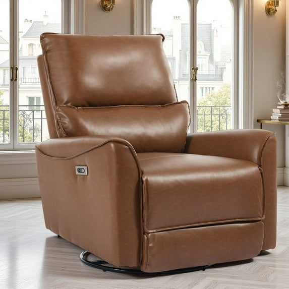 Power Swivel Rocker Recliner Chair for Adults, Leather Glider Rocking Recliner for Nursery, Modern Small Recliners for Small Spaces/Living Room/RV, Brown