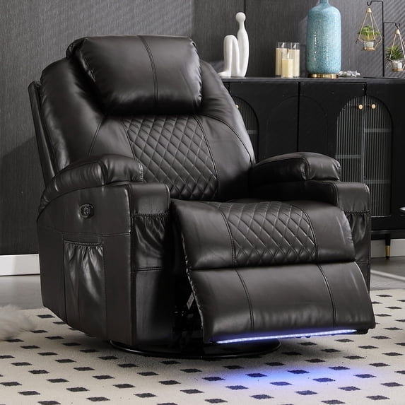 Power Swivel Rocker Recliner Chair for Adults Rocking Recliner with Heat and Massage Cup Holder LED Lights Usb Type-C Ports Side Pocket for Living Room