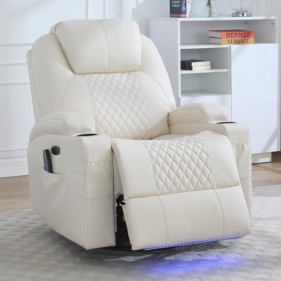 Power Swivel Rocker Recliner Chair for Adults Rocking Recliner with Heat and Massage Cup Holder LED Lights Usb Type-C Ports Side Pocket for Living Room