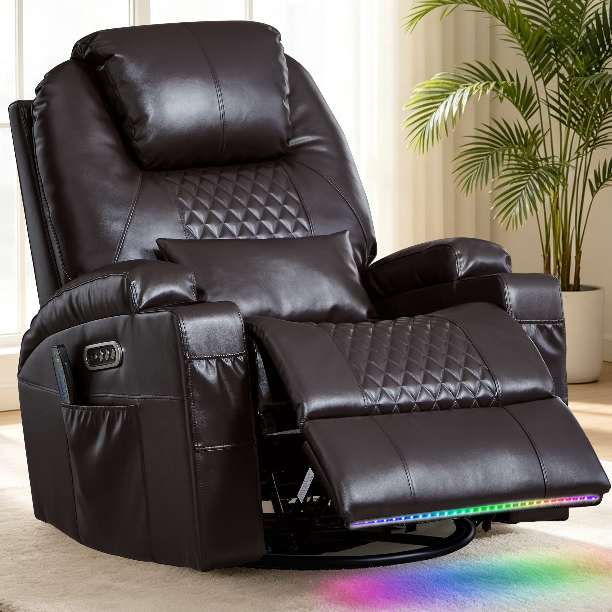 Dual Motor Power Swivel Rocker Recliner Chair for Adults with Heat and Massage, Electric Wall Hugger Rocking Recliner for Nursery Living Room with LED Lights, USB A&C Ports