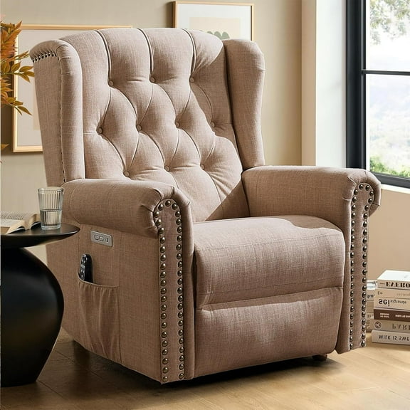 Power Swivel Rocking Glider Recliner Chair, Electric Nursery Reclining Sofa Chair with Heat and Massage, Wingback Tufted Upholstered Recliner for Living Room, USB and Type-C Ports, Brown