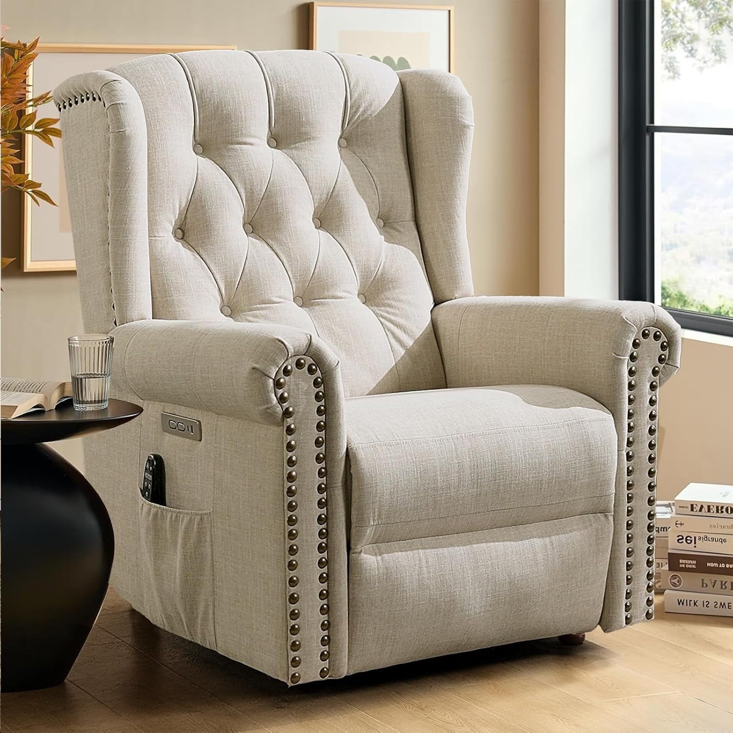 Power Swivel Rocking Glider Recliner Chair, Electric Nursery Reclining Sofa Chair with Heat and Massage, Wingback Tufted Upholstered Recliner for Living Room, USB and Type-C Ports, Beige