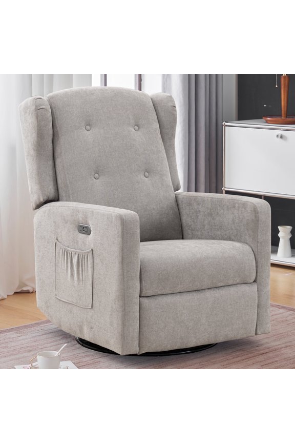 Power Swivel Rocking Recliner Chair, Electric Rocker Nursery Glider Chair, USB and Type-C Ports, Upholstered Fabric Reclining Single Sofa Chair for Living Room (Grey)