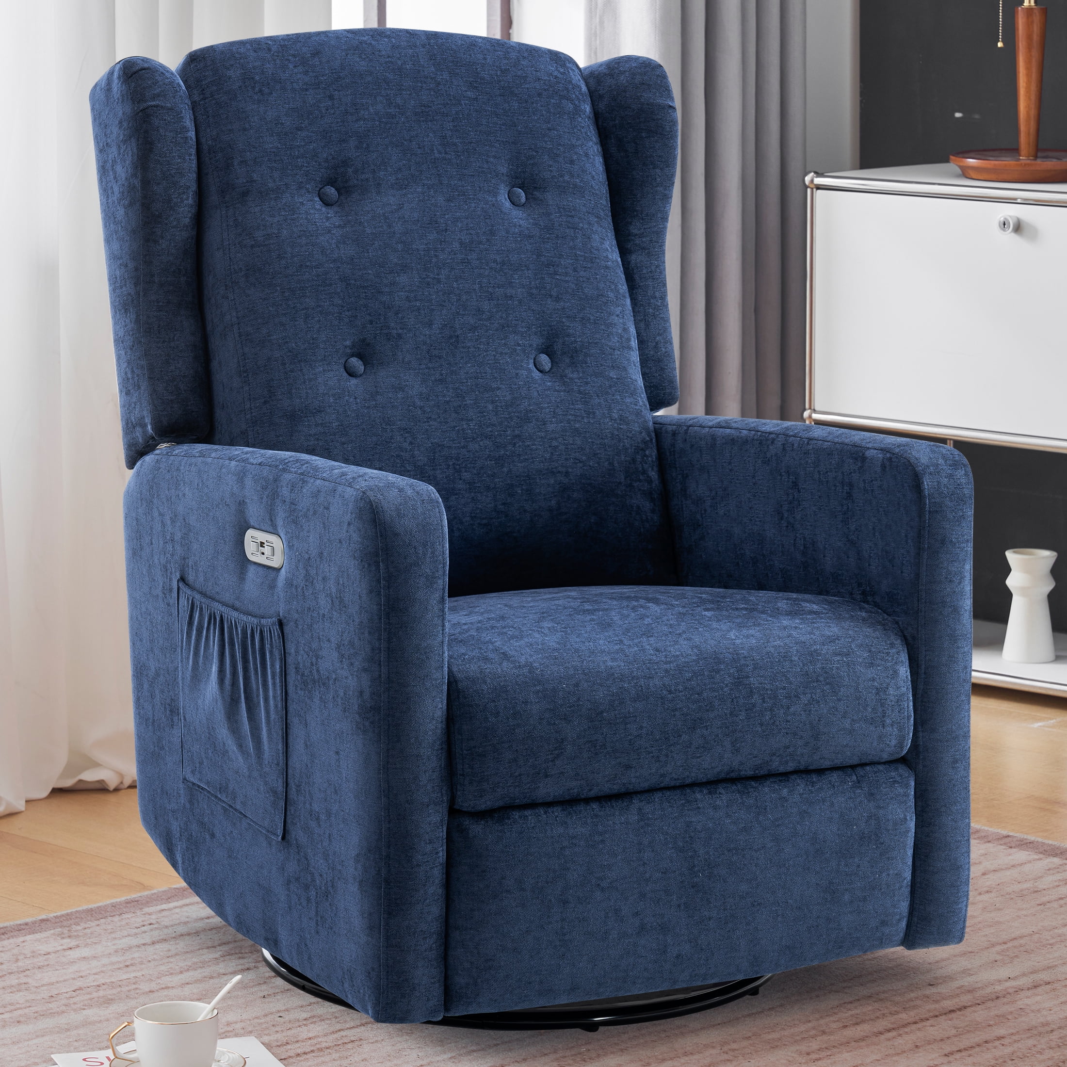 Power Swivel Rocking Recliner Chair, Electric Rocker Nursery Glider Chair, USB and Type-C Ports, Upholstered Fabric Reclining Single Sofa Chair for Living Room(NavyBlue)