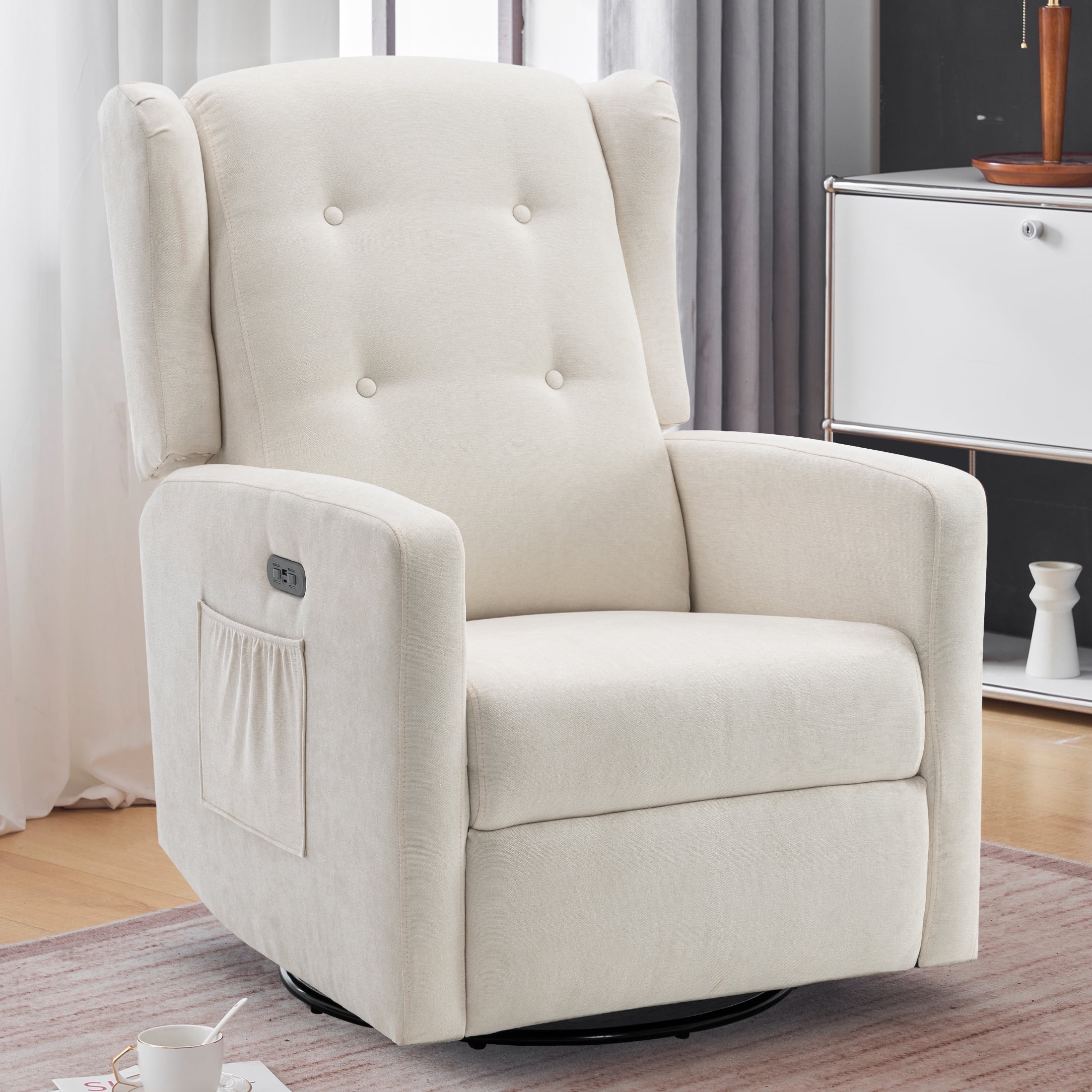 Power Swivel Rocking Recliner Chair, Electric Rocker Nursery Glider Chair, USB and Type-C Ports, Upholstered Fabric Reclining Single Sofa Chair for Living Room (Beige)