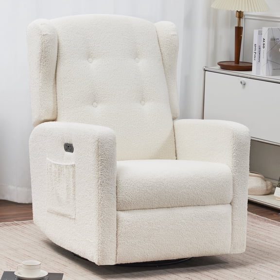 Power Swivel Rocking Recliner Chair, Electric Rocker Nursery Glider Chair, USB and Type-C Ports, Upholstered Teddy Fabric Reclining Single Sofa Chair for Living Room (Teddy Beige)