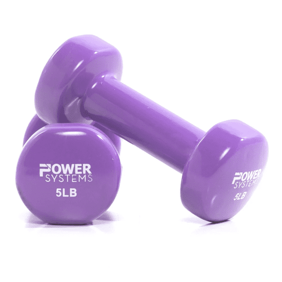 Power Systems 5 lbs Deluxe Vinyl Dumbbells Set, Pair of Dumbbell Weight with Non-Slip Grip (Purple)
