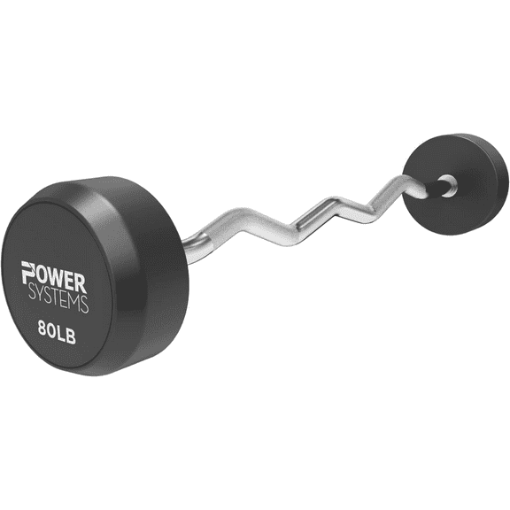 Power Systems ProStyle Fixed Barbell EZ Curl Handle 80 lbs Chrome Knurled Grip Rubber Headed Bar