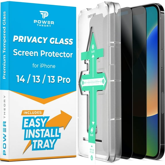 Power Theory Privacy Screen Protector for iPhone 14, iPhone 13, iPhone 13 Pro Tempered Glass Anti Spy protection with Easy Install Tray